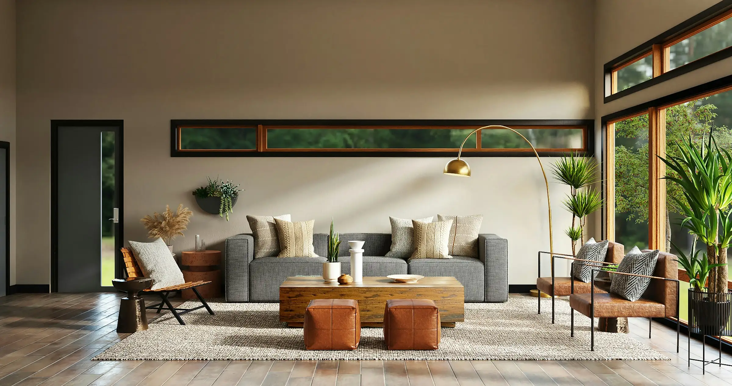 Salón en tonos crema y madera con sofá y butacas