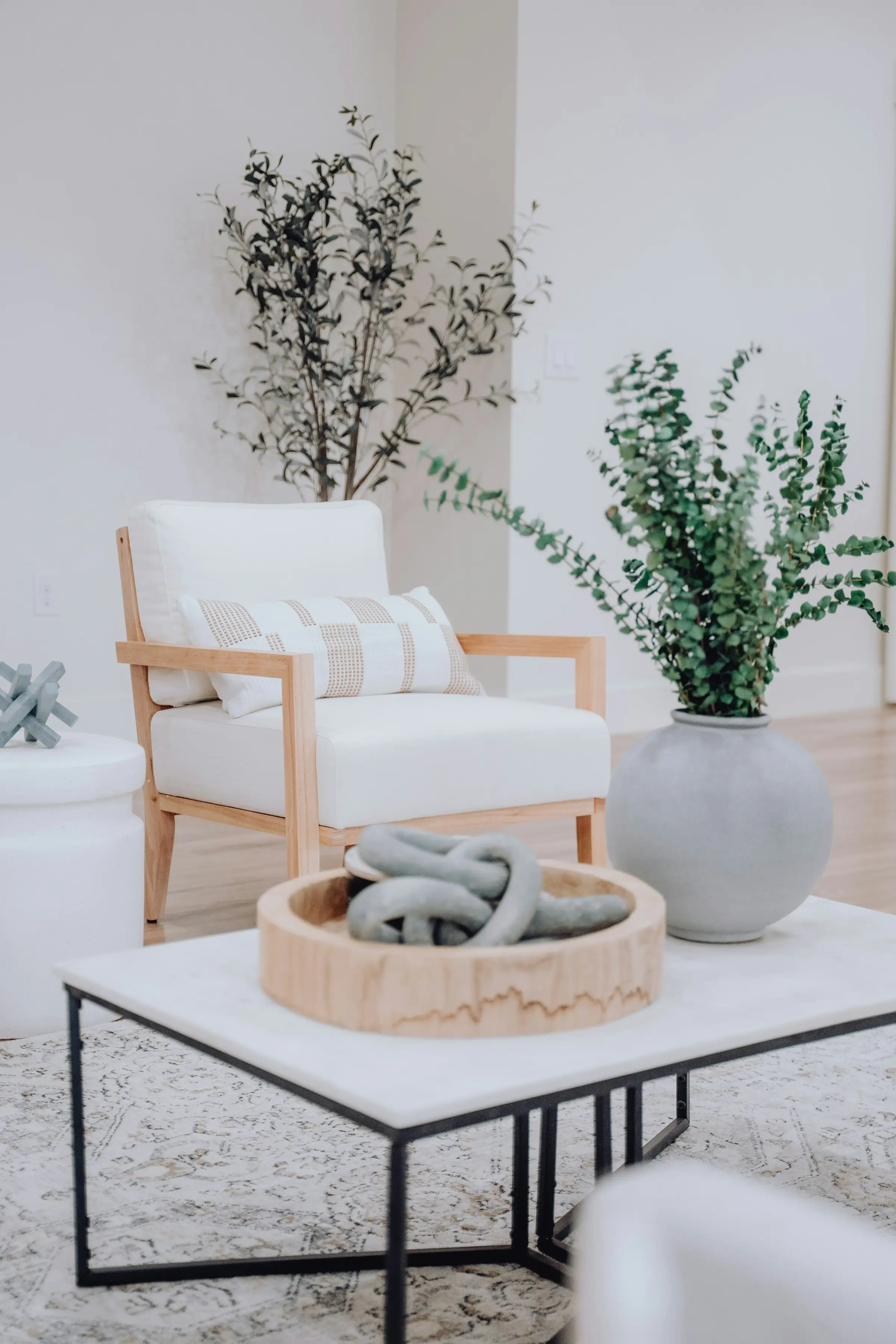 Salón luminoso con planta y muebles claros